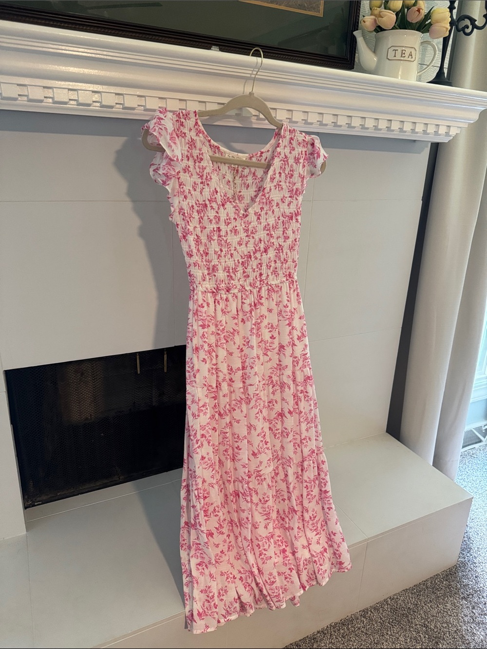 Pink Floral Midi Dress with Ruffle Sleeves